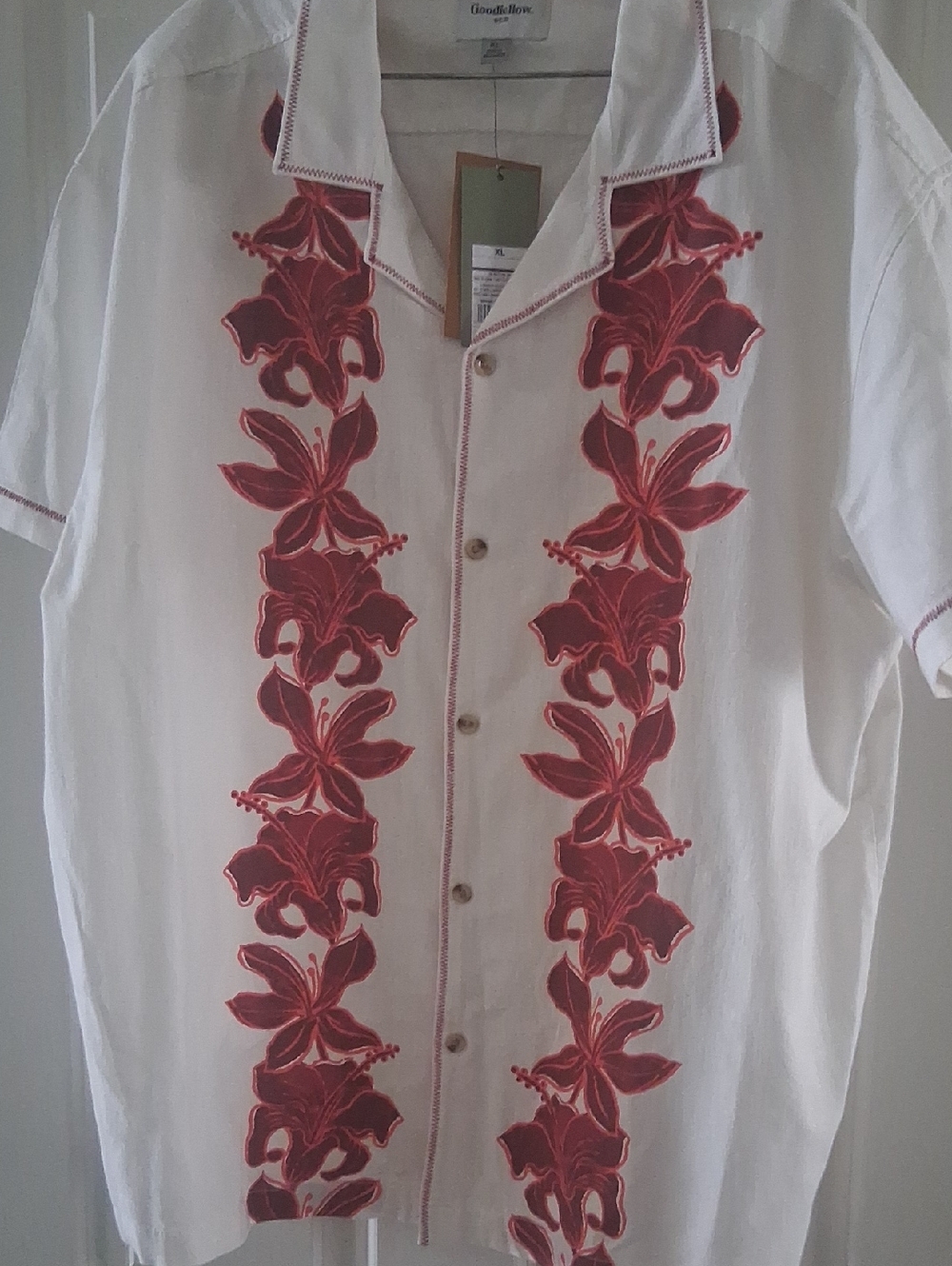 Goodfellow & Co White Short-Sleeve Button-Down with Red Floral Embroidery